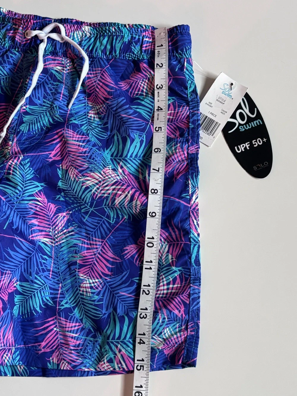 Boys Sol Swim Tropical Swim Trunks, Blue with Pink & Teal Accents, 8 Husky, NWT